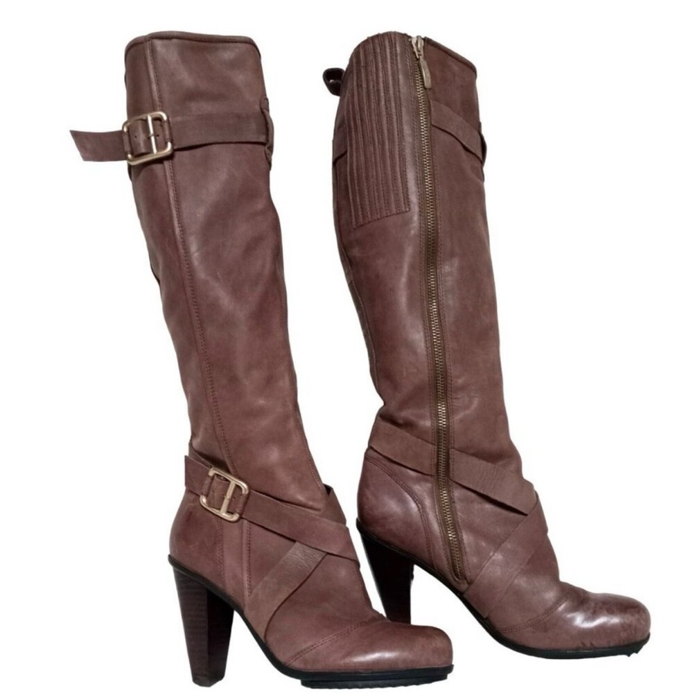 DKNYC Women's Tall Brown Leather Heeled Boots Size 7.5/38